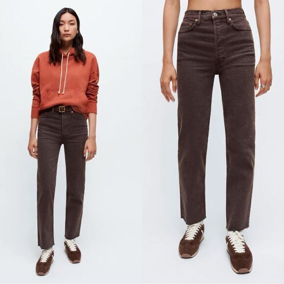 NWT RE/DONE 70S ULTRA HIGH RISE STOVE PIPE JEANS in WASHED CHOCOLATE brown - Picture 1 of 11